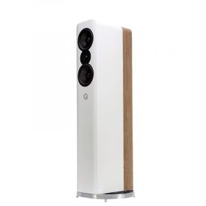Q Acoustics Concept 500 Floorstanding Speakers In Gloss White And Light Oak On White Background